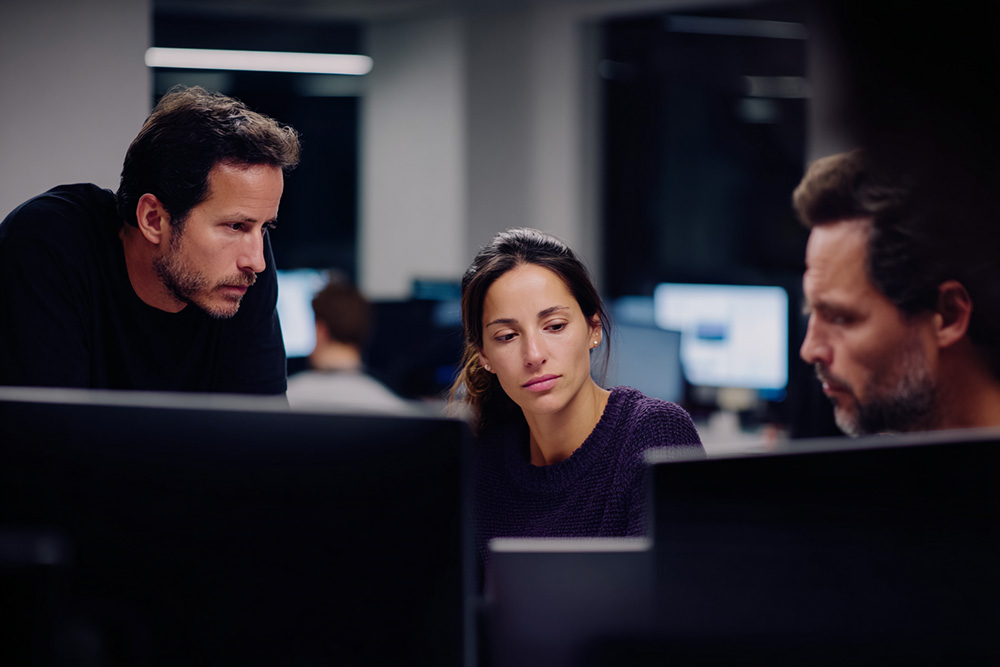 Three colleagues focused on monitors in a night office under continuous light