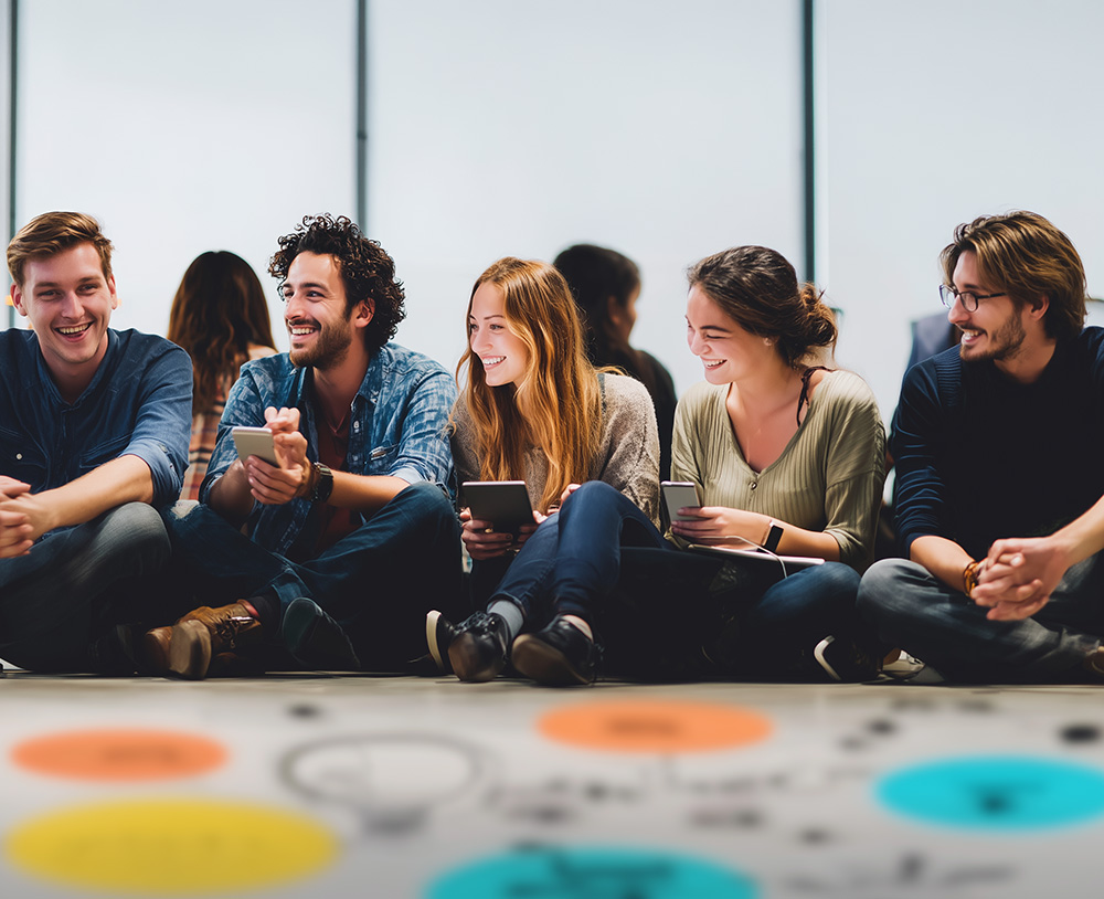 Five people smiling while sitting on the floor over a graphic of colored circles, in a catalog pose