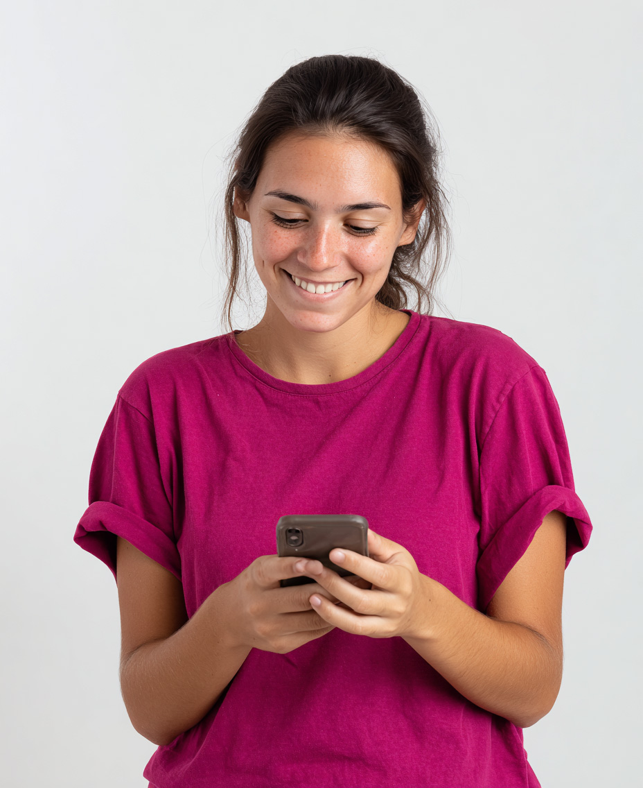 Woman in a magenta t-shirt posing with a phone against a white studio background