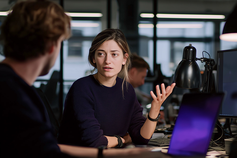 Woman talking and gesturing with a colleague in a night office lit by a desk lamp