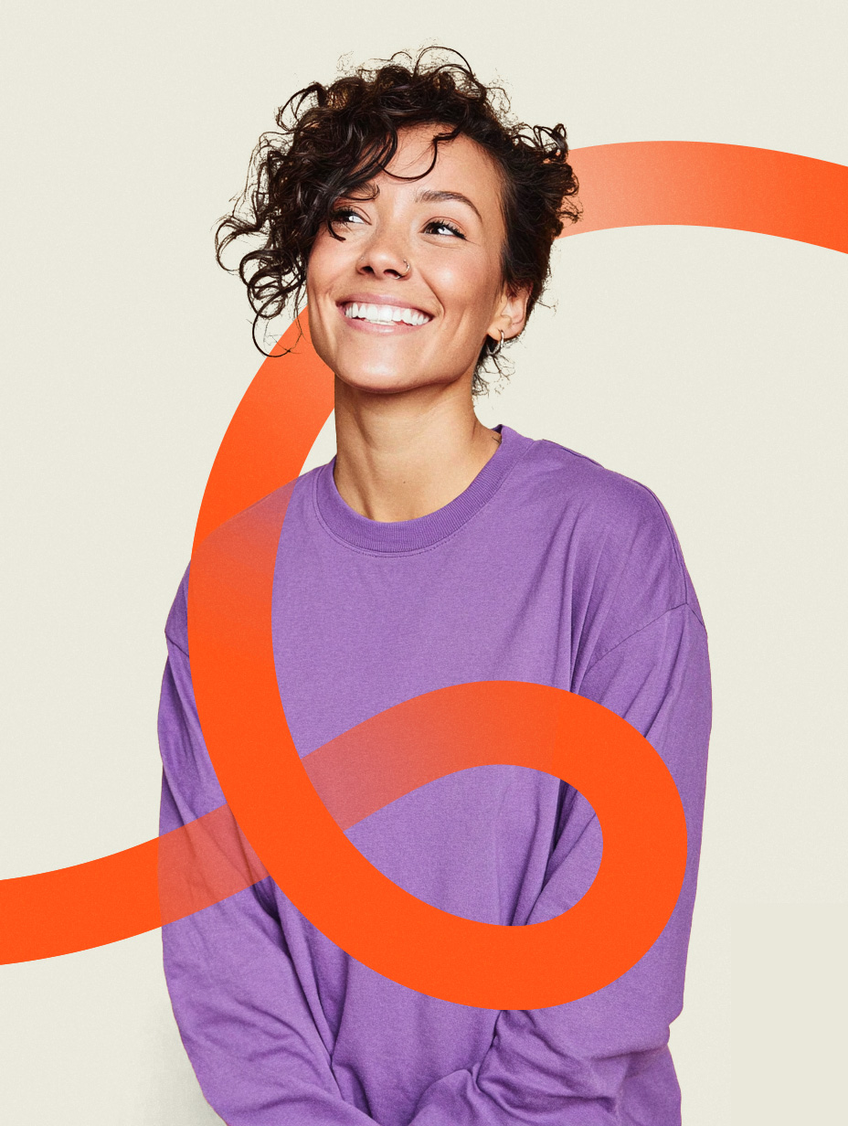 Editorial portrait of a woman in a purple sweater against a cream background with the orange line wrapping around the subject