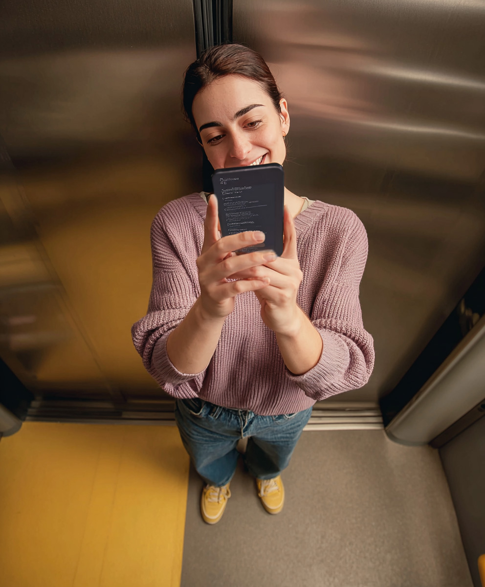 Overhead shot of a woman smiling while using her phone inside an elevator