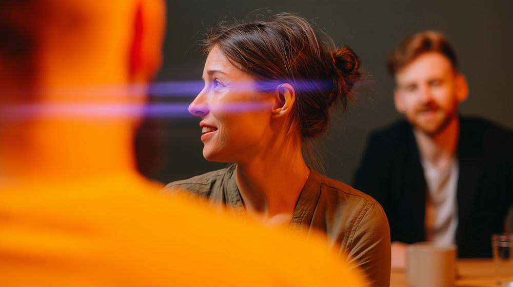 Woman in a meeting with purple flares across her face and a saturated orange cast in the foreground